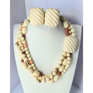 Vintage 1960s Napier Necklace AND Pierced Earrings Set White Coral Gold MCM
